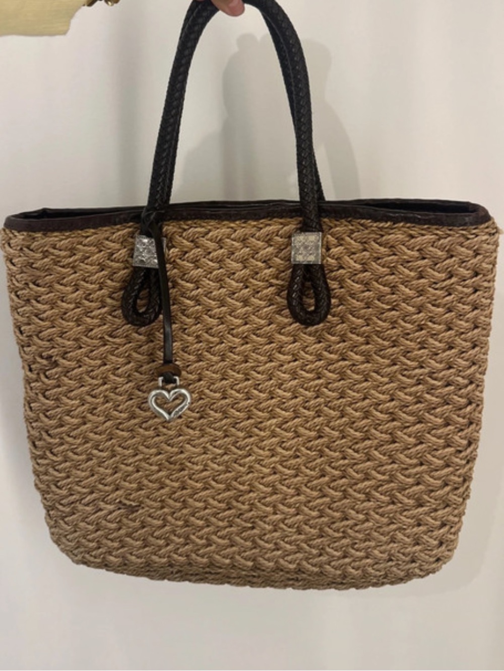 Brighton Braided Straw Tote with Dark Brown Handles and Heart Charm - Picture 3 of 10
